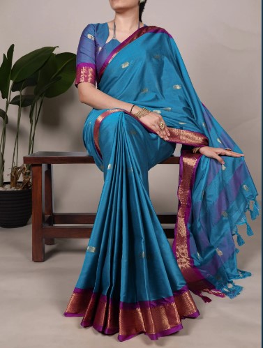 Sea Blue Cotton Silk Saree